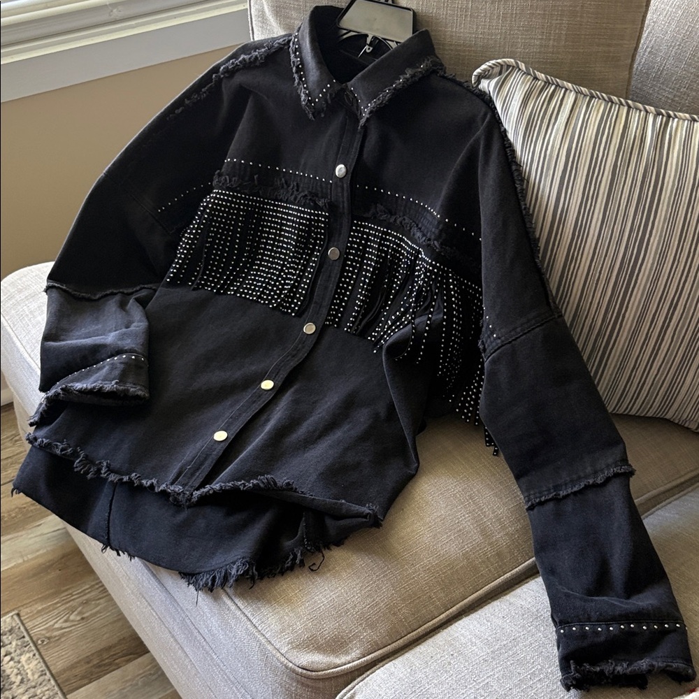 Vici Black Studded Fringe Jean Jacket